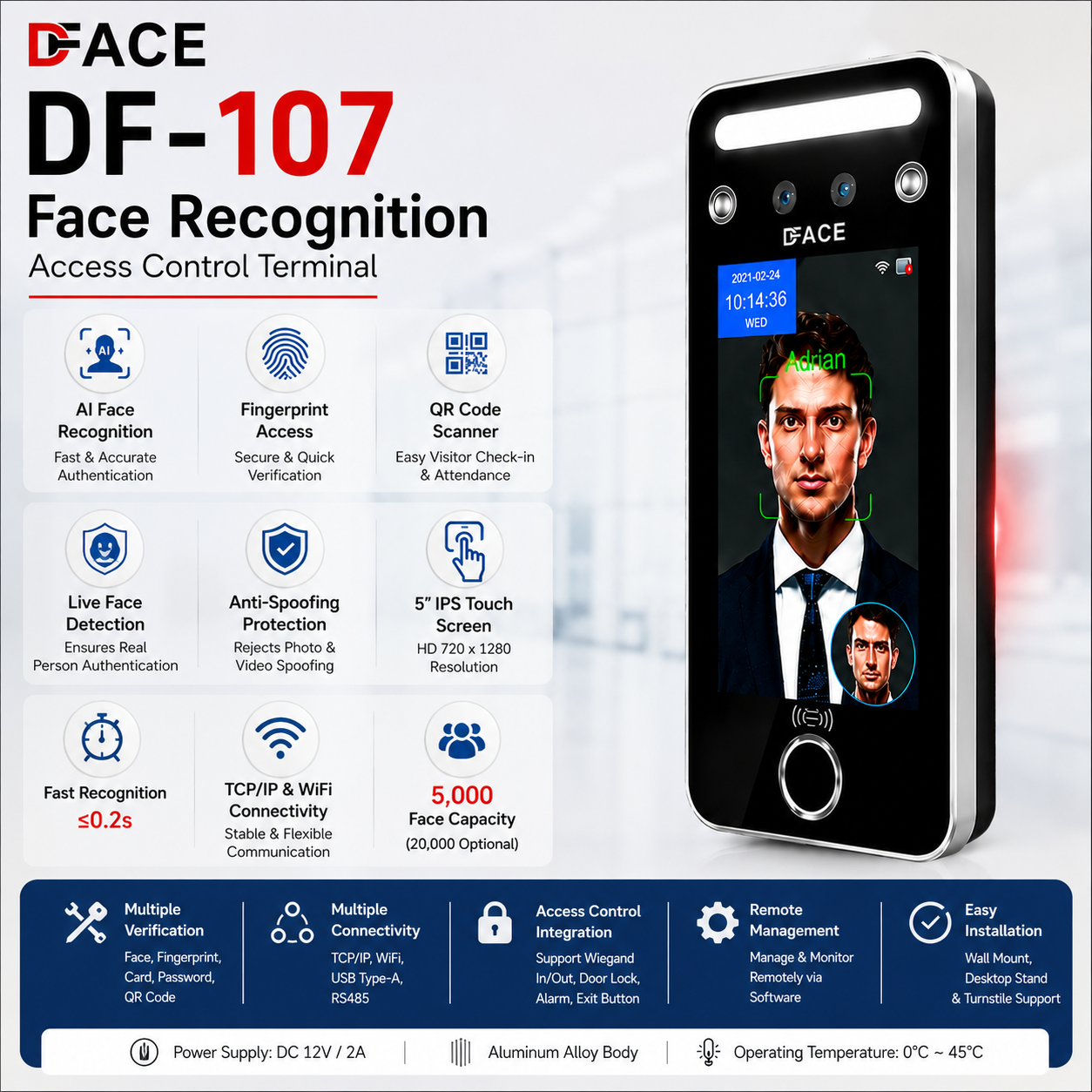 DFACE DF-107 AI Face Recognition Access Control & Time Attendance Terminal with Fingerprint & QR Code Scanner - Image 2