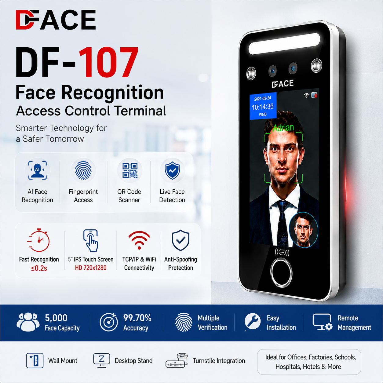 DFACE DF-107 AI Face Recognition Access Control & Time Attendance Terminal with Fingerprint & QR Code Scanner - Image 3