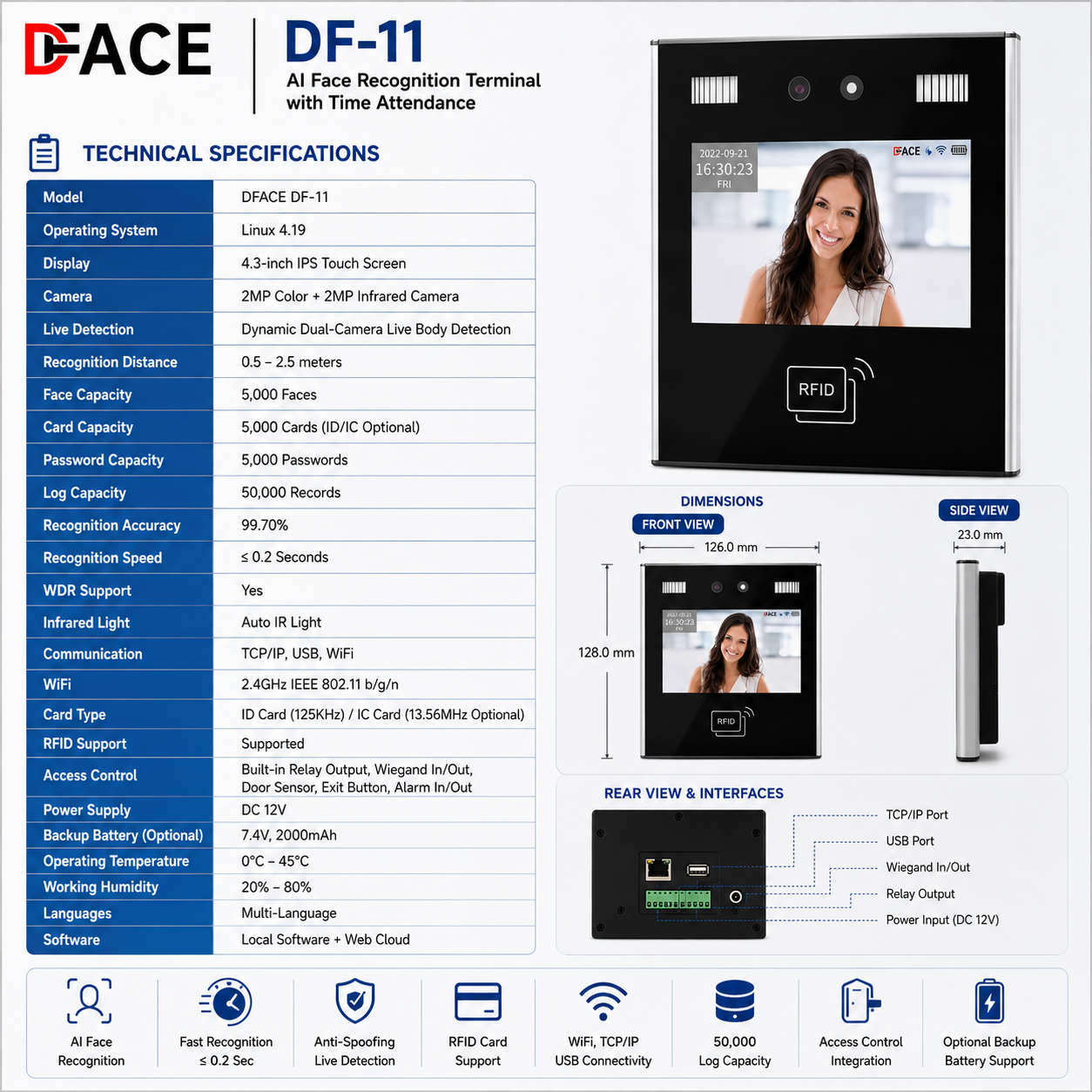 DFACE DF-11 AI Face Recognition Access Control Terminal with Time Attendance - Image 3
